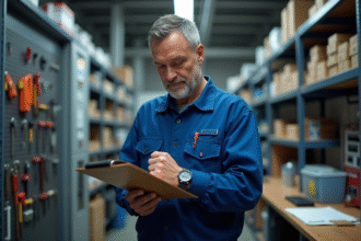 Technicien homme en overalls bleus dans un atelier moderne