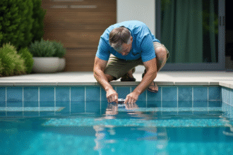 Technicien piscine ajustant une lampe sous-marine dans une piscine moderne