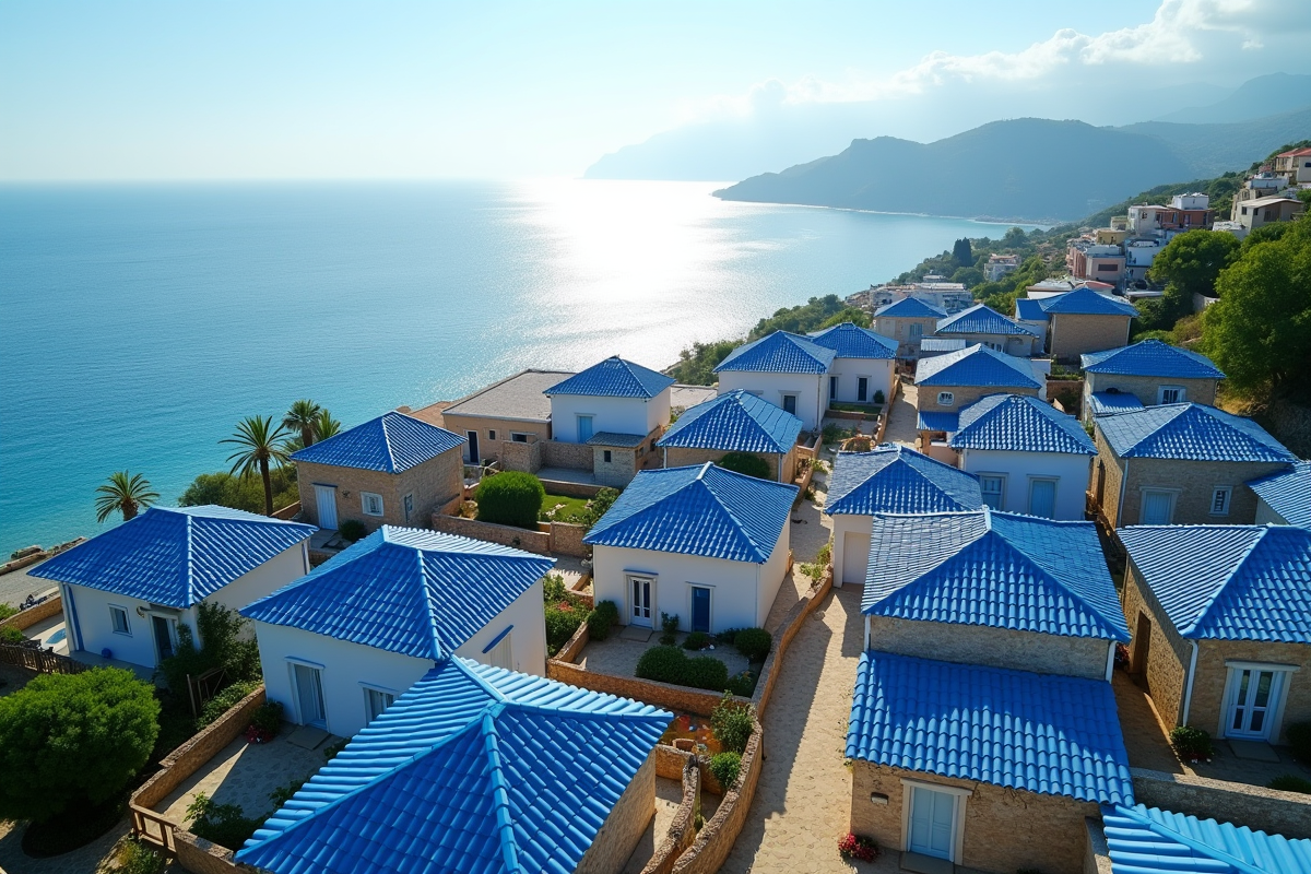 Villas traditionnelles avec toits bleus dans un village côtier
