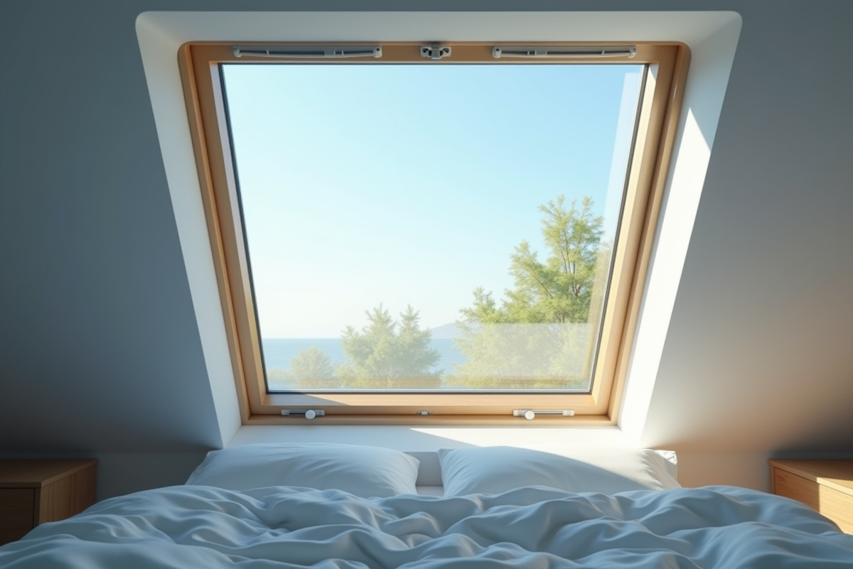Vue intérieure du Velux avec moustiquaire et ciel bleu