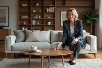 Femme assise sur un canapé moderne montrant la hauteur d'une table basse