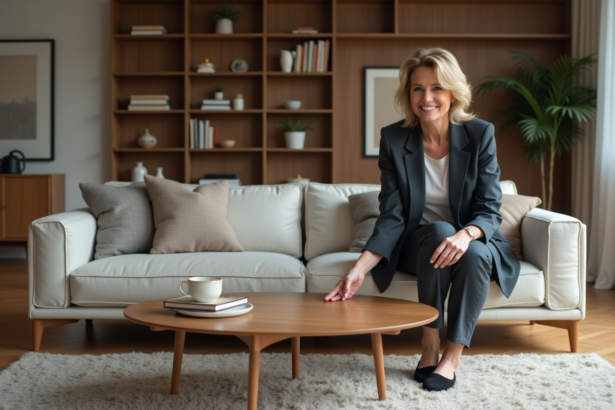 Femme assise sur un canapé moderne montrant la hauteur d'une table basse